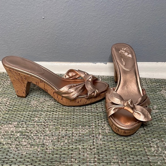 Shoes - Coach rose gold leather cork sole heels